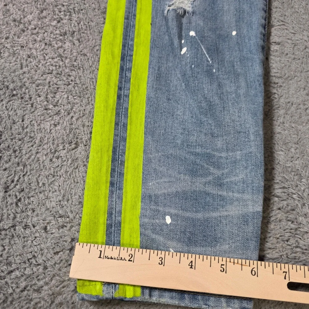 Amiri Mens 38 MX1 Distressed Jeans Light Blue Neon Yellow Stripe Paint Splatter